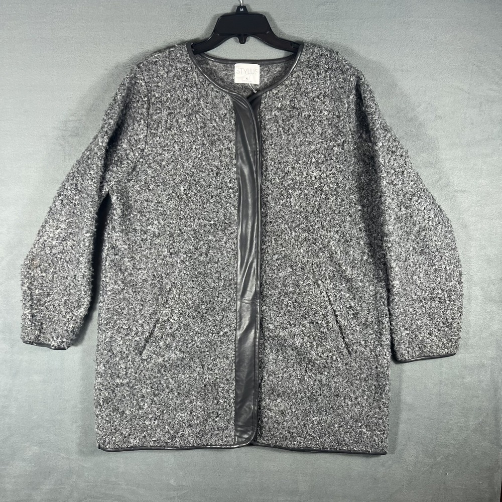 STYLUS Women's XL Gray Boucle Knit Open Front Faux Leather Trim Cardigan Jacket